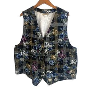 Venice Blues Vintage Granny Core Floral Tapestry Button Front Vest Size 2X